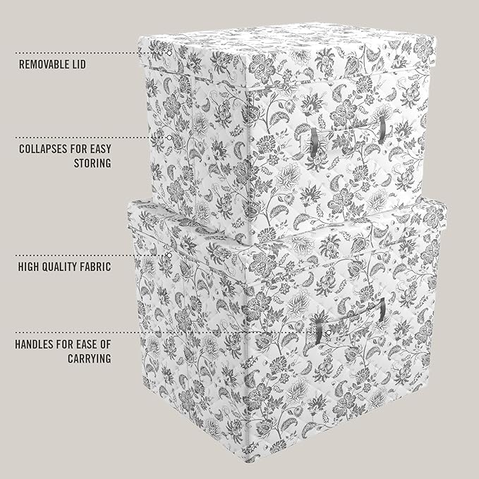 Martha Stewart Essential Collapsible Stackable Decorative Home Storage Organization With Lidded Tops, Set of 2 Nesting Boxes with Lids, Grey