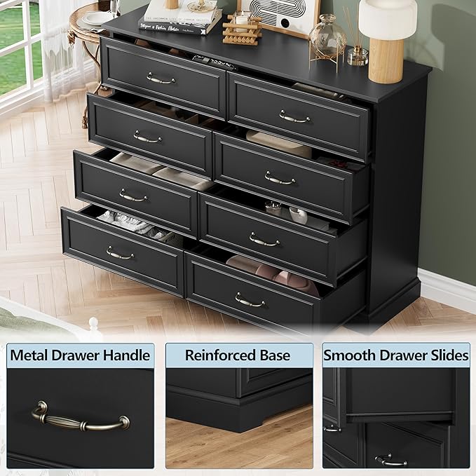 8 Drawer Dresser for Bedroom, 53" Wide Wooden Chest of Drawers, Rustic Farmhouse Dresser with Large Drawers & Metal Handles, Modern Storage Organizer for Closet, Living Room, Hallway, Black
