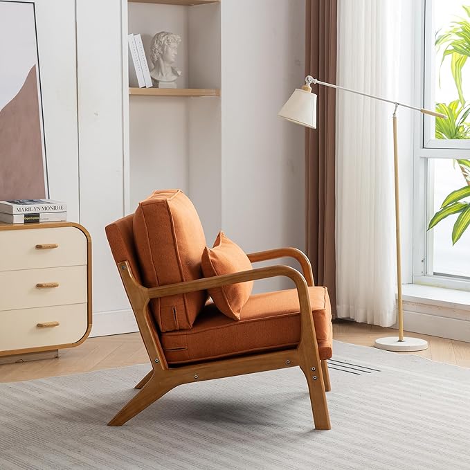 Mid-Century Accent Chair Set of 2,Linen Fabric Lounge Chair with Wide Armrest,Linen Fabric Armchair withLumbar Pillow & Solid Wood Frame for Living Room, Bedroom, Balcony(Orange)