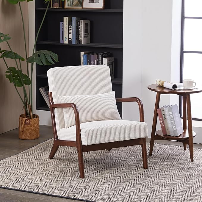 Accent Chairs, Mid-Century Modern Chair with Pillow, Armchair with Solid Wood, Reading Relaxing Leisure Chair for Living Room(Beige/Walnut)