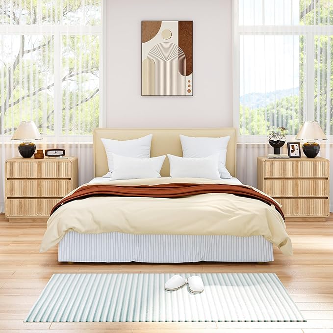 Fluted 3 Drawer Dressers for Bedroom, 31.5" Wide Large Mid Century Modern Nightstand 2 Sets W/3 Storage Drawers , Wood Dresser & Chest of Drawers with Curved Profile for Living Room (Natural)