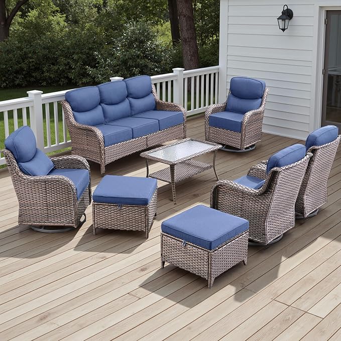 Rilyson Wicker Outdoor Patio Furniture Set - 8 Piece Patio Conversation Sets with Swivel Rocker Chairs, Ottomans, Sofa and Table, 6 inch Cushions, Deep Seating, for Porch Deck Brown/Blue