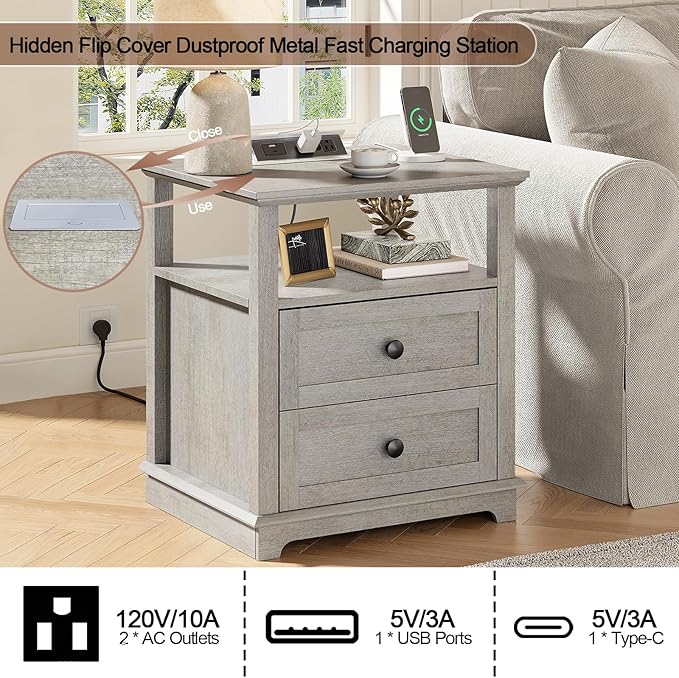 HIFYOBRO End Table with 2 Drawers and Charging Station, Type-C & USB Port & Power outlets, Wooden Storage Cabinet, Large Side Table with Storage for Living Room and Bedroom