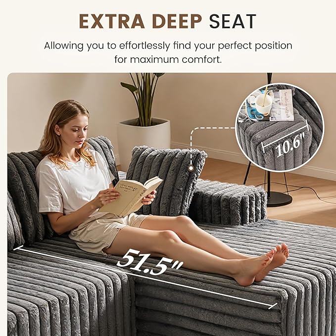 Apicizon 113" Modular Sectional Couch for Living Room, L Shaped Sectional Sofa Couch with Deep Seat, 3 Seat Boneless Sofa with Chaise Longue for Apartment,No Assembly Required (Plush Corduroy Gray)