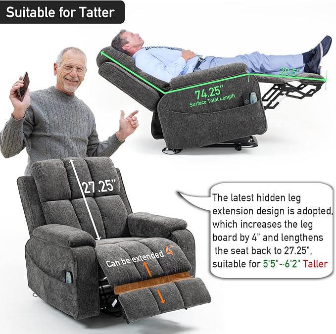 Lazy Boy Recliner Chair, Postoperative Recovery,Retractable 23'' Extra-Long Leg Support Lift Chair Hold up to 400lb,25.5'' Oversized Recliner seat for Big and Tall