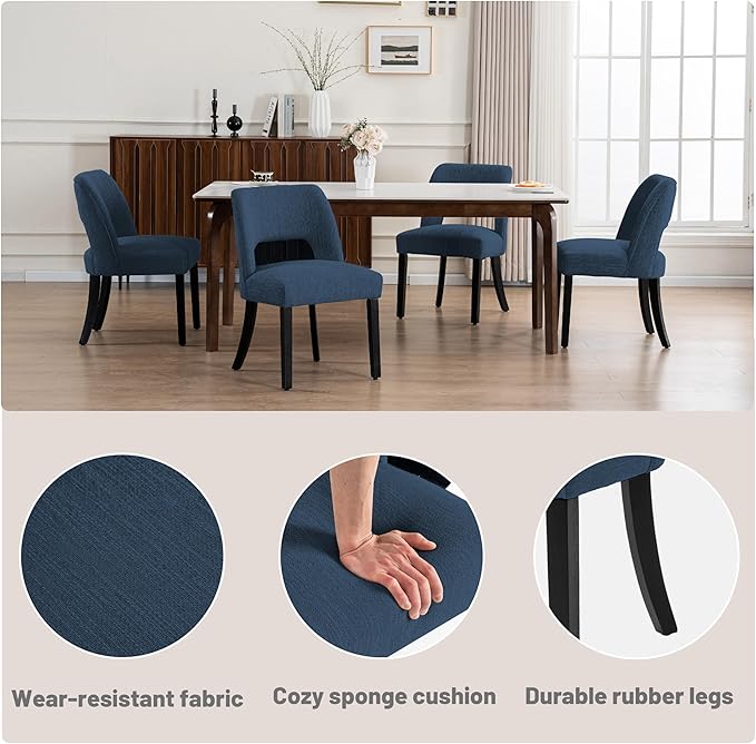 VKNOW Wooden Dining Chairs Set of 4, Modern Fabric Upholstered Dining Room Chair Kitchen Chairs, Farmhouse Dinner Chair for Kitchen Dining Room, Blue-Black Legs