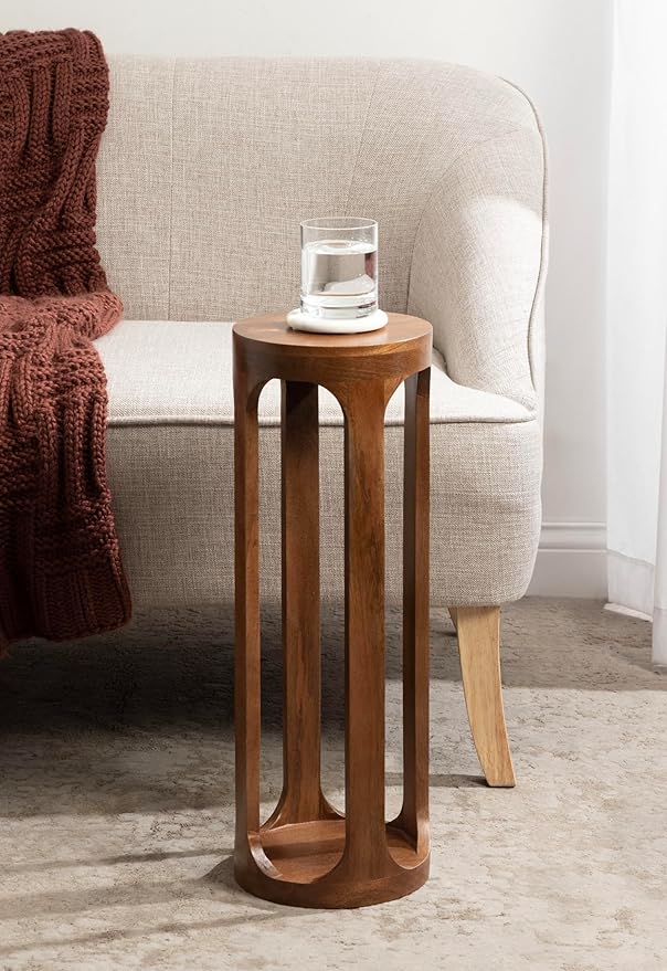 Kate and Laurel Dahl Wooden Round Drink Table; 8 x 23; Walnut Brown; Mid-Century Modern Circle Wood Accent Pedestal Table for Living Room Plant Stand or Small Bedroom Nightstand