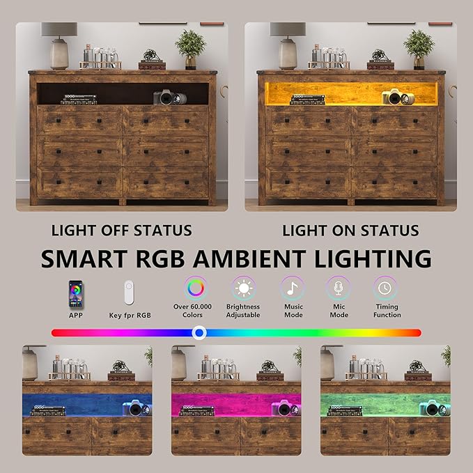 Dresser for Bedroom with 6 Drawers, Wide Chest of Drawers with LED Light and Power Outlet, Wooden Closet Organizer Clothes Storage Cabinet, Modern Double Dressers for Living Room, Hallway, Brown