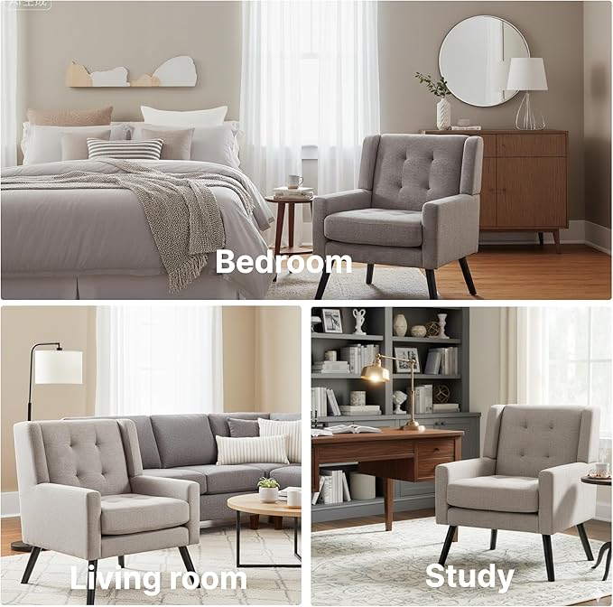 Mid-Century Modern Accent Chair Set of 2, Plush Linen Fabric with Button Tufted High Back & 5" Thick Cushion, High Comfort Reading Chair for Living Room, Bedroom, Office (Light Gray)