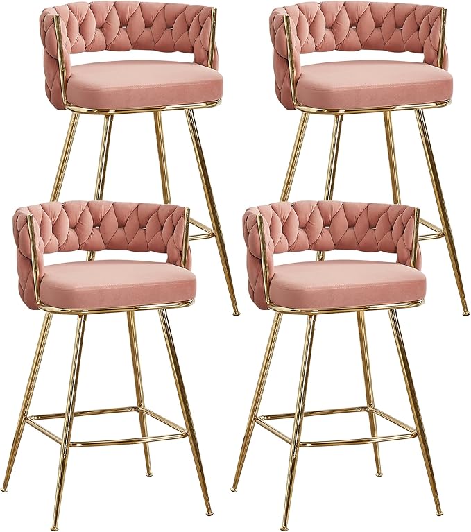 VECELO Bar Stools Set of 4, Counter Height Bar Stools, 26 inch Seat Barstools with Woven Back and Footrest for Kitchen Island Counter, Pink