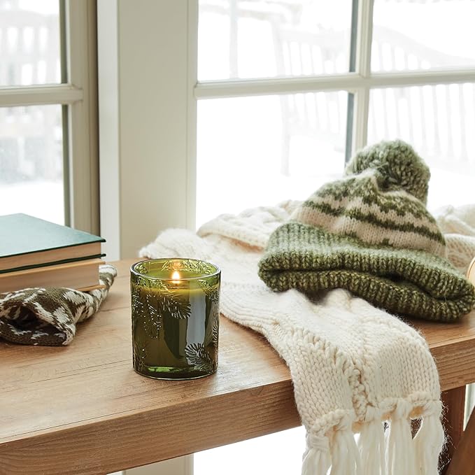 Thymes Frasier Fir Candle - Molded Green Glass Jar with Pine Needle Design - Winter Candle Gifts for Women & Men - Fresh Home Fragrance - Notes of Crisp Siberian Fir, Cedarwood & Sandalwood (6.5 oz)