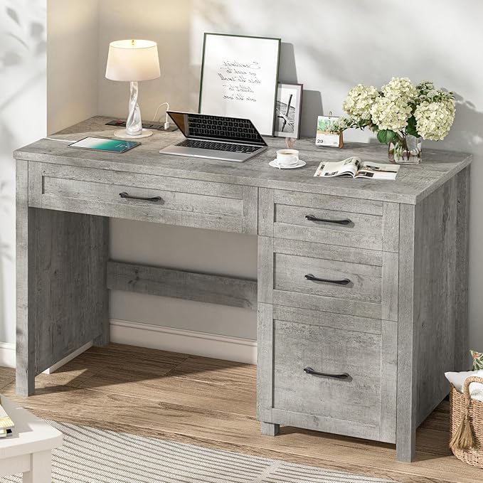 Vabches Farmhouse 47" Executive Desk with 4 Drawers, Computer Desk with File Drawer and Charging Station, Workstation for Home Office, Study.(Grey)