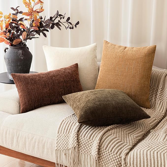 Foindtower Set of 2 Soft Textured Chenille Throw Decorative Pillow Covers Square Accent Solid Cushion Cover Neutral Farmhouse Pillow Case for Couch Sofa Bedroom Living Room 24x24 Inch,Golden Brown