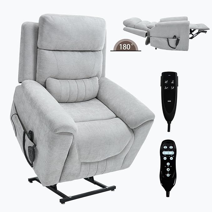 PELUMY Power Lift Recliner Chair for Elderly with Massage and Heat, Dual Motor Heavy Duty 350lbs Recliner, 8-Point Vibration & Lumbar Heating, Electric Lift Chair (Chenille, Light Grey)