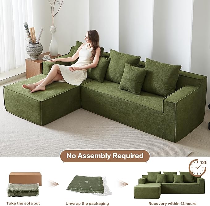 101" Modular Sectional Sofa for Living Room,Boneless Couch in A Box,Memory Foam Sectional Couches for Apartment,Cloud Couch No Assembly Required,Green