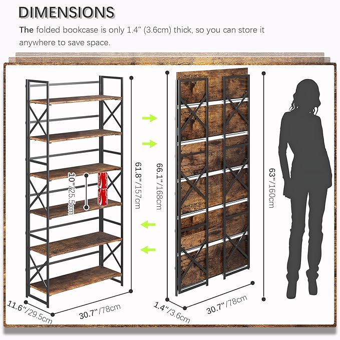 4NM Extra Wide 6 Tiers No Assembly Book Shelves, 61.8" H Folding Bookshelf Bookcase Open Industrial Foldable Shelves for Bedroom, Living Room, Home Office - Rustic Brown Black