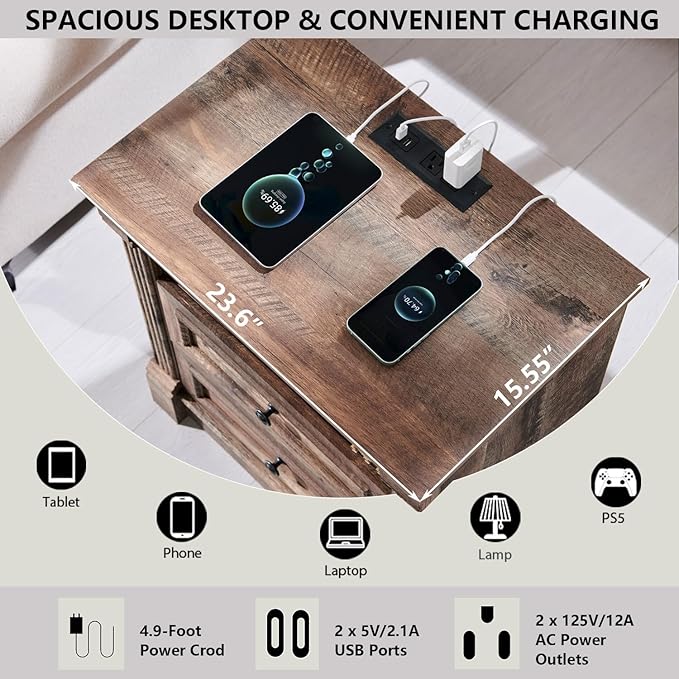 26" Tall Nightstand with Charging Station, Farmhouse 23.6" Wide Large End Table w/Roman Column, Wood Rustic Side Table w/Metal Handle, 3 Drawers Dresser for Bedroom, Living Room, Light Brown