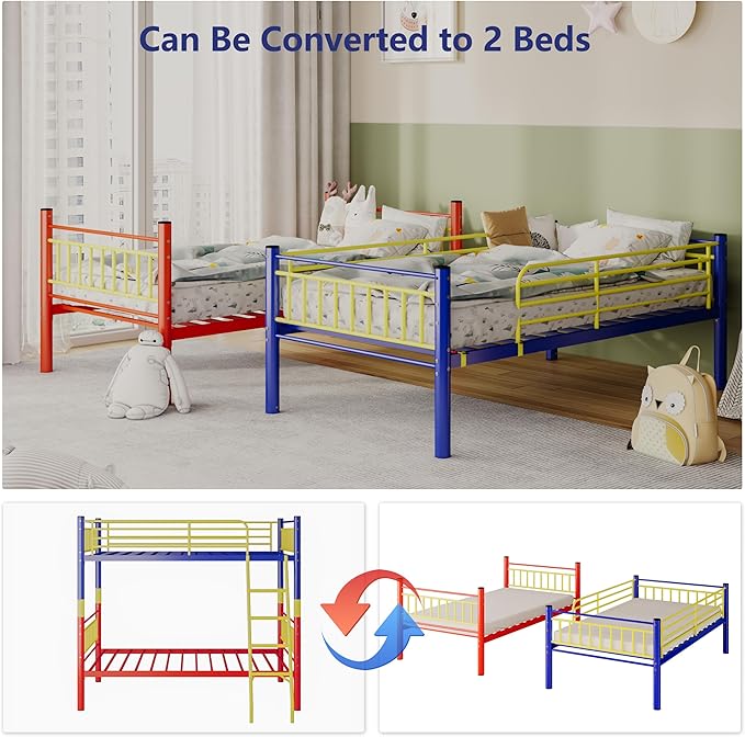Metal Bunk Bed Twin Over Twin,Loft Bed with Removable Ladder and Full-Length Guardrail,Twin Bunk Beds Frame Heavy Duty Metal Slat Support for Adults, Kids and Young Teens