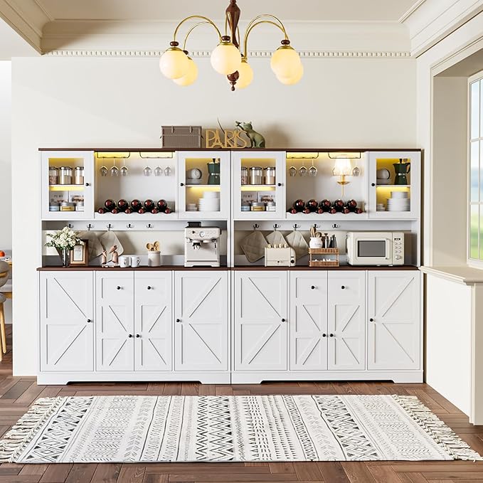 68" Tall Kitchen Pantry Storage Cabinet with Charging Station, 55" Wide Kitchen Hutch Cabinet with Large Countertop, Farmhouse Buffet Cabinet with Wine Holder & Wine Rack for Dining Room, White