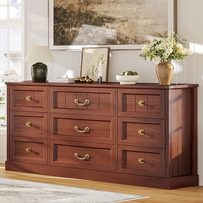 AOGLLATI Farmhouse 9 Drawers Dresser for Bedroom, 63" Wide Wood Rustic Chest of Drawers with Natural Texture, Vintage Design, Long Wide Storage Dresser for Bedroom, Oak Brown