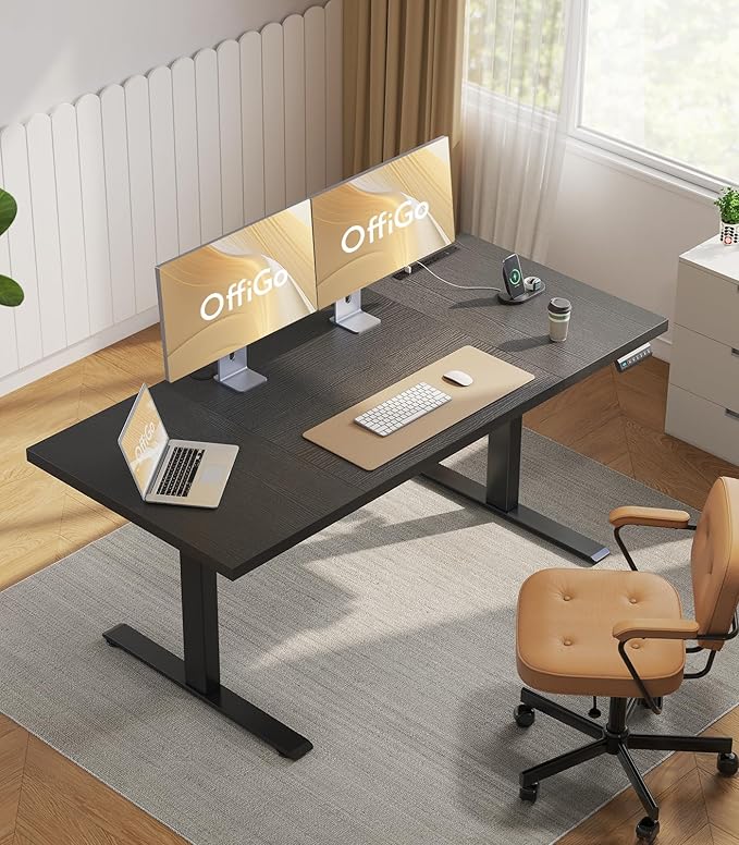 OffiGo Electric Standing Desk with 3-Piece Board, 71 Inch Height Adjustable Large Desk with Power Outlets, Sit Stand Table, Writing Computer Desk for Home, Office, Workstation, Black