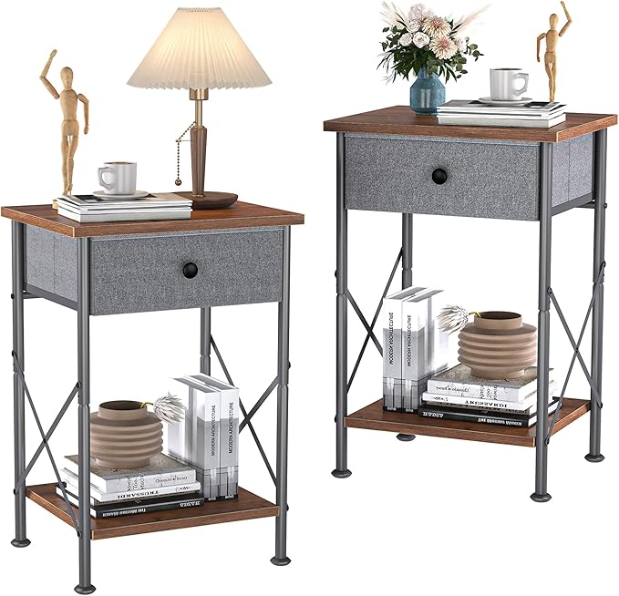 VECELO Night Stands for Bedroom Nightstand Bedside End Tables with Drawer Storage, (Set of 2), Rustic Brown