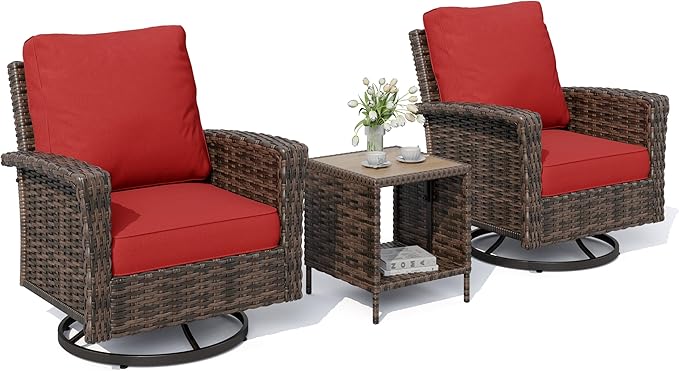 HERA'S HOUSE Oversized Patio Wicker Chairs, High Back Outdoor Swivel Chairs Set of 2 with Rattan Side Table, 5.5" Thick Cushions, 3-Piece Patio Furniture Sets for Deck Porch Pool, Brown/Red