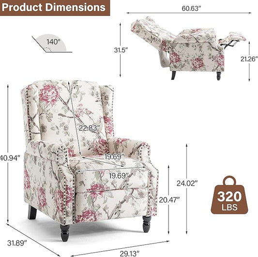 Wingback Recliner Chair Set of 2, Floral Fabric Pushback Recliner Chair, Upholstered Armchair Push Back Recliner, Rivet Trim Single Sofa Accent Chair with Wood Legs for Living Room, Floral Plants