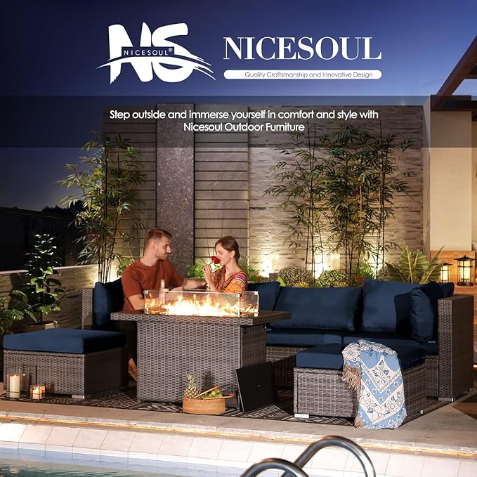 NICESOUL 7 Piece Large Outdoor Patio Furniture Set with Fire Pit Table Gas/Propane, 29.3'' High Back Rattan Modular Sectional Sofa, Extra Wide Conversations for Backyard, 2 Color Cushion Navy & Gray