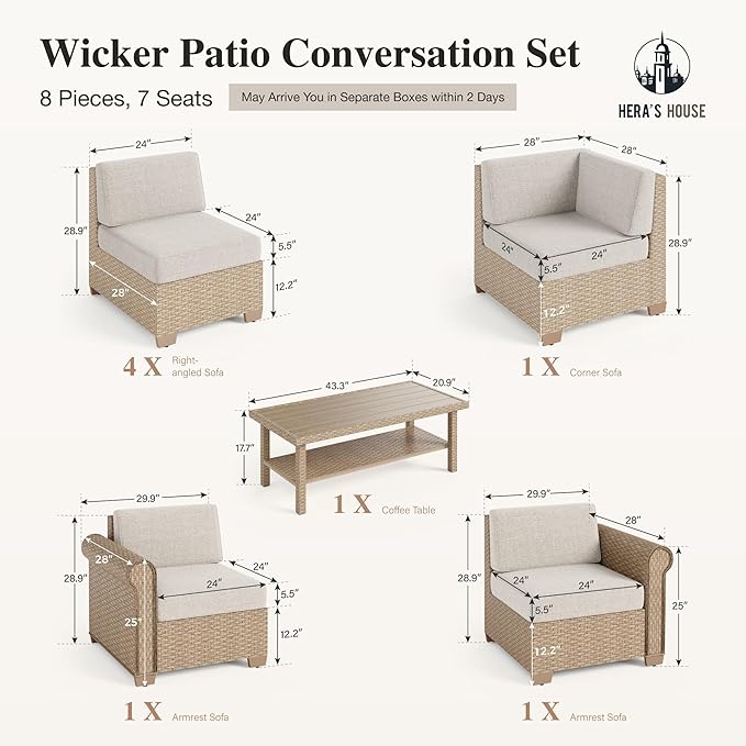 HERA'S HOUSE Patio Furniture Set, All Weather 7 Seats Outdoor Sectional Wicker Sofa with 44" Coffee Table, 5.5" Thick Waterproof Cushion 8 Piece Modular Conversation Sofa Set for Garden Deck Backyard