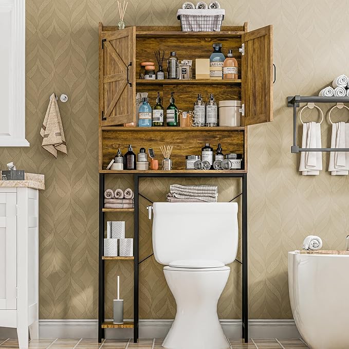 Vabches Over The Toilet Storage Cabinet, Farmhouse Storage Cabinet Over Toilet with Barn Doors & Toilet Paper Holder Stand,Home Space-Saving Toilet Rack, for Restroom, Laundry and Bathroom