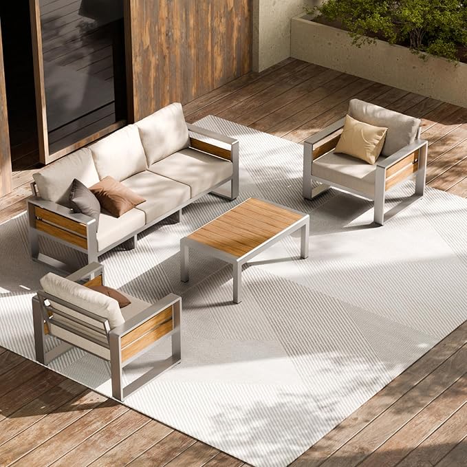 ZANDOR Aluminum Outdoor Patio Conversation Furniture Set, 4 PCS Metal Modern Outside Sectional Lawn Furniture with Coffee Table & Washable Thick Cushions,Seating Sofa for Garden/Backyard/Porch Silver