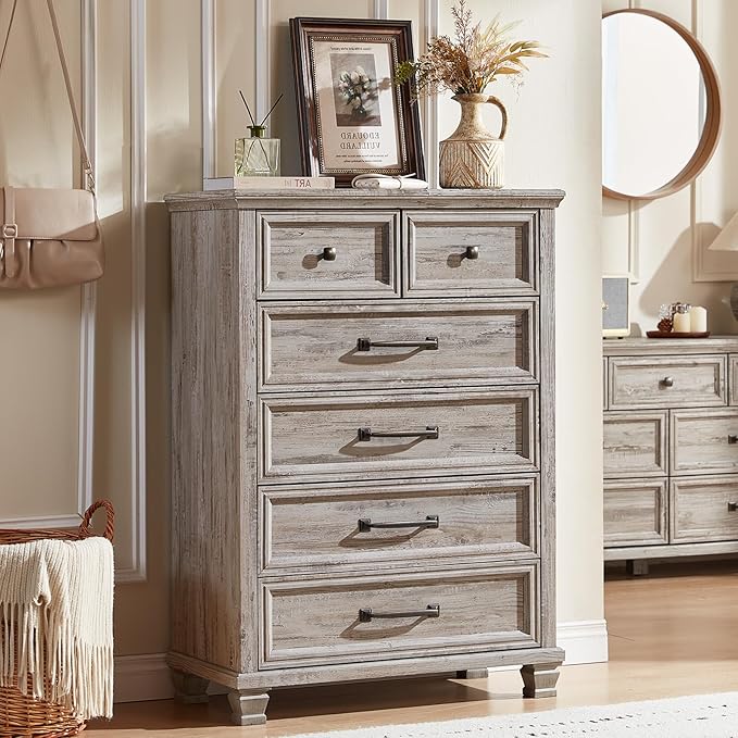Farmhouse Bedroom Dresser and Nightstand Set of 4, 6 Drawer Tall & 5 Drawers Dresser & 3 Drawer Nightstand Set with Wooden Legs, Rustic Wood Bedroom Furniture for Livingroom, Hallway, Grey