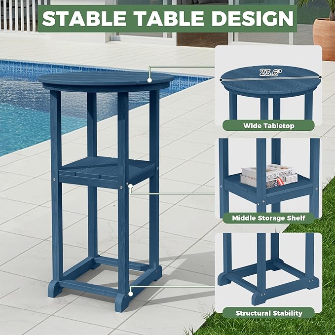 HDPE Outdoor Patio Bar Set with Bar Height Table and 2 Adirondack Chairs, All-Weather High Top Outside Round Pub Furniture for Bistro, Garden, Backyard, Deck | 3-Pieces, Navy Blue