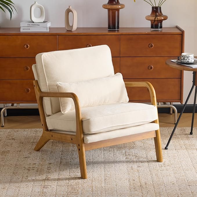 Karl home Mid Century Modern Accent Chair with Lumbar Pillow & Oak Arms – Plush Chenille Living Room Chair for Bedroom, Lounge (Creamy)