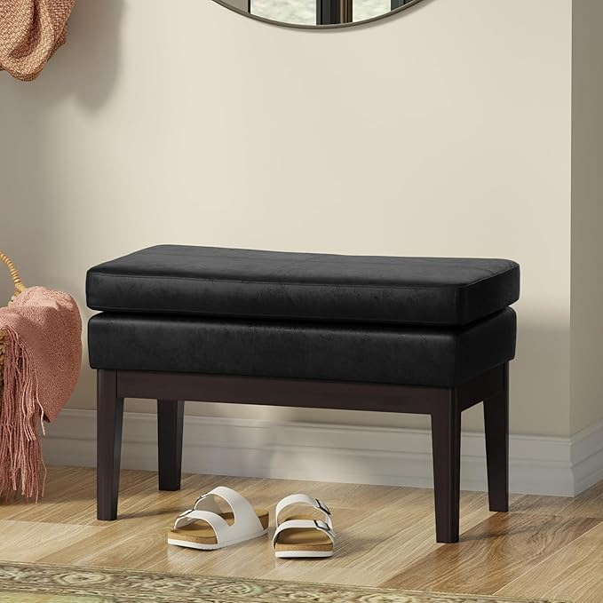 SIMPLIHOME Carlson 45-inch Wide Vegan Faux Leather Ottoman Bench in Distressed Saddle Brown with Solid Wood Frame for Living Room, Entryway, or Bedroom