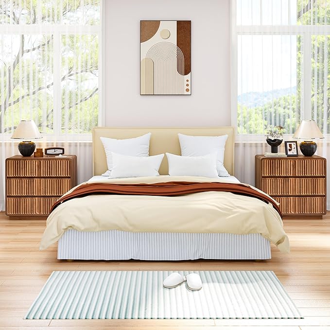 Fluted 3 Drawer Dressers for Bedroom, 31.5" Wide Large Mid Century Modern Nightstand 2 Sets W/3 Storage Drawers , Wood Dresser & Chest of Drawers with Curved Profile for Living Room (Walnut)