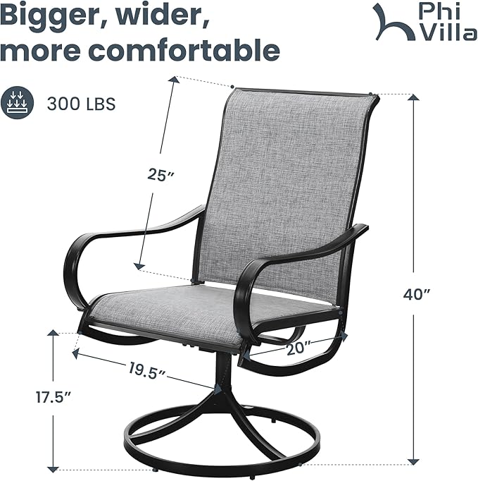 PHI VILLA Patio Swivel Dining Chairs Set of 4, Outdoor Chair with Textilene Mesh Fabric & Black Metal Frame for All Weather Outdoor Lawn Garden Poolside (Gray)