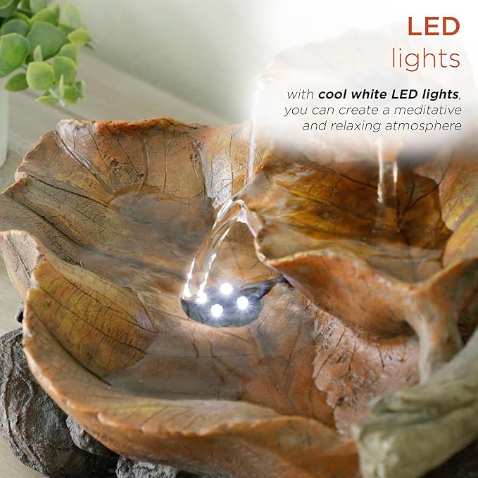 Alpine Corporation 9" Tall Indoor Tabletop Tiered Leaf Hand-Painted Fountain with LED Lights