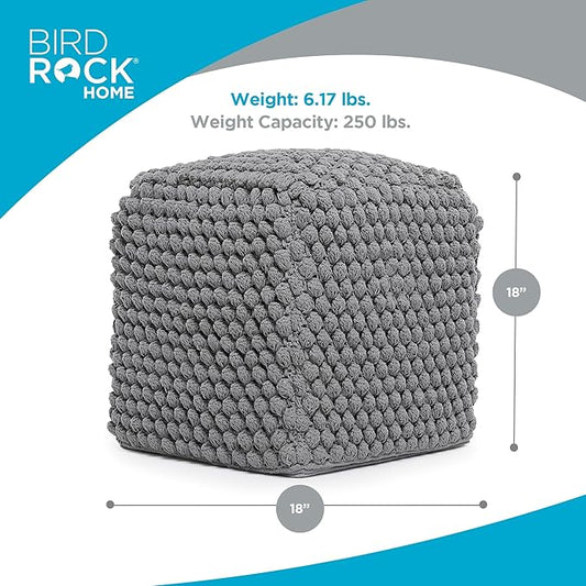 BIRDROCK HOME Buds Pouf Foot Stool Ottoman - Knit Bean Bag Floor Chair - Cotton Braided Cord - Great for The Living Room, Bedroom and Kids Room - Small Furniture (Grey - Buds)