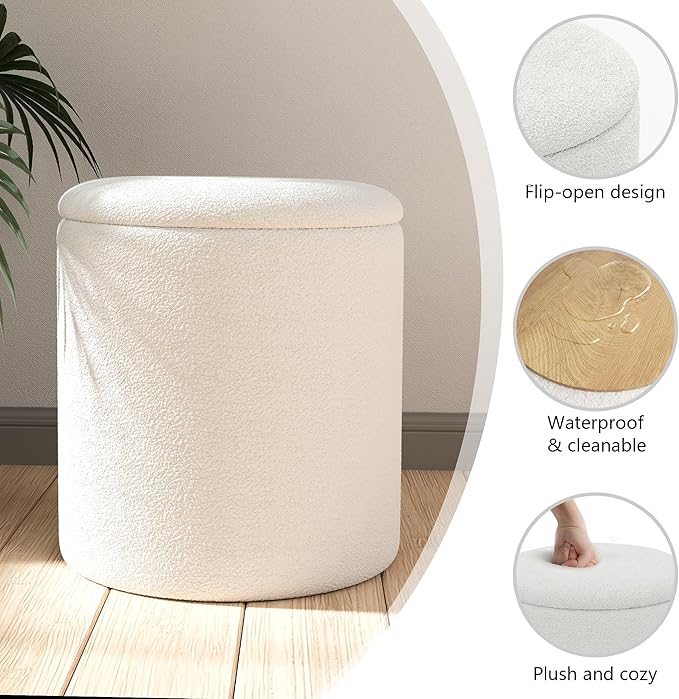 Ottoman Poufs with Storage, Set of 2 Soft Upholstered Vanity Stool,Multifunctional Ottomans Coffee Table Padded Seat Foot Rest for Living(White, Pack of 2)