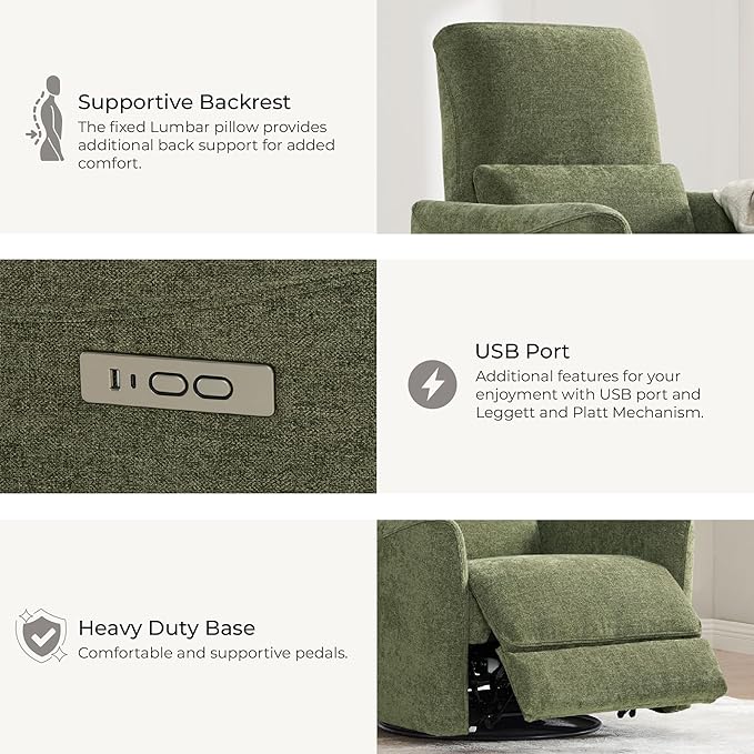 CHITA Power Recliner Chair Swivel Glider, FSC Certified Upholstered Living Room Nursery Reclining Sofa Chair with Lumbar Support, Green