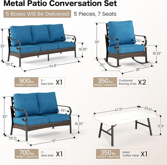 5 Piece Metal Outdoor Patio Furniture Set, Patio Conversation Sets 3-Seater Sofa, 2-Seater Sofa, 2 Rocking Chair with 5.75" Thick Cushion & Coffee Table Backyard Furniture, Blue-2