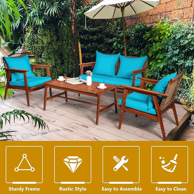 COSTWAY 4 Pieces Acacia Wood Patio Conversation Set, Outdoor Wicker Sofa with Coffee Table & Cushions, Patio Rattan Furniture Set for Yard, Porch, Poolside, Balcony, Backyard, Turquoise