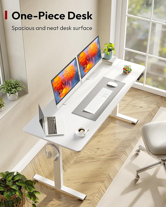 SANODESK Electric Standing Desk 60 x 24 Inches Whole-Piece Desktop Height Adjustable Stand Up Desk w/6-Button Controller Ergonomic Computer Desk for Home Office, White Frame + White Tabletop
