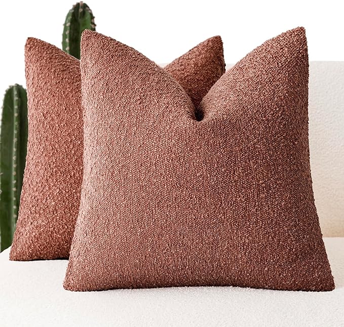 Foindtower Set of 2, Decorative Textured Boucle Throw Pillow Covers Accent Solid Pillow Cases Neutral Cozy Couch Cushion Case for Chair Sofa Bedroom Living Room Home Decor 26x26 Inch Orange Rust Red