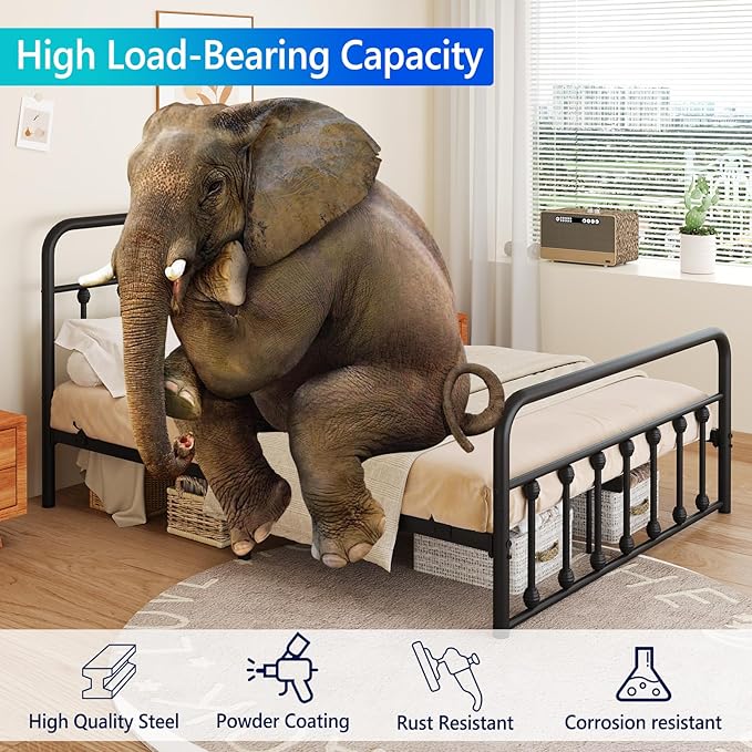 Metal Queen Single Bed Frame with Storage Space, 82.7" in Steel Bed Frame with Protective Foot Pads, Strong Bearing Capacity Queen Size Bed, Easy Assembly, Underbed Storage Space(43.3 inch)
