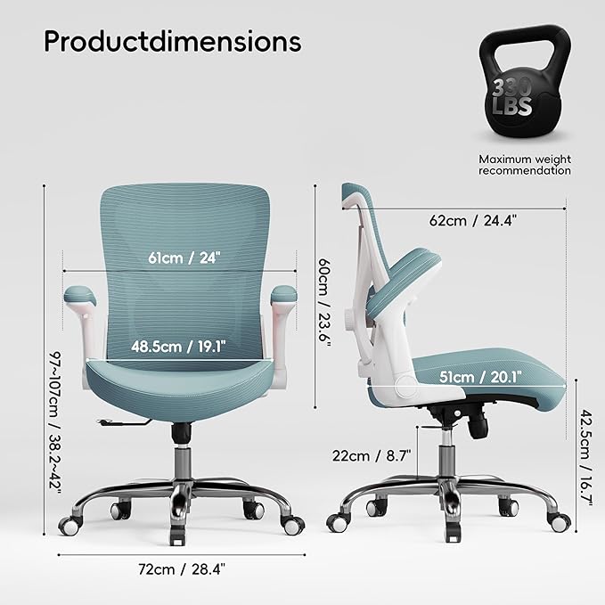 Office Home Ergonomic Desk Chair-Computer X-Shaped Chair Mesh PU Leather with Adjustable Lumbar Support-Executive Chair High Back Flip-Up Arms for Long Hours (Sky Blue-No Headrest)