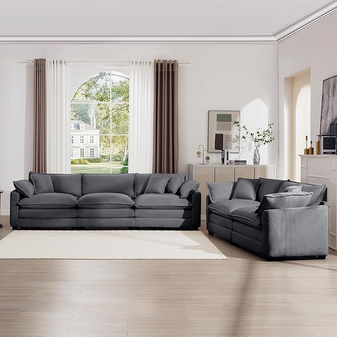 mikibama Luxury 2 Piece Sofa Set, 3-Seater & Loveseat Couch Set, Modern Corduroy Comfy Cloud Couches Set for Living Room Office with 4 Armrest Pillows and 5 Toss Pillows, Grey