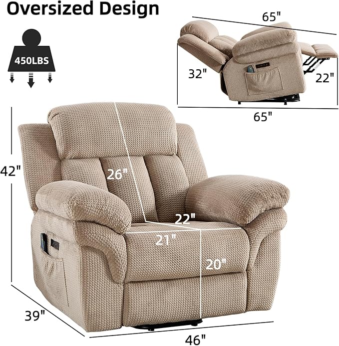 CANMOV 46" Wide Oversize Power Lift Recliner Chair, Extra Large Electric Lift Recliners for Elderly Big, Stand Up Recliner Chair with Massage and Heat, USB and Type-C Ports, Light Brown